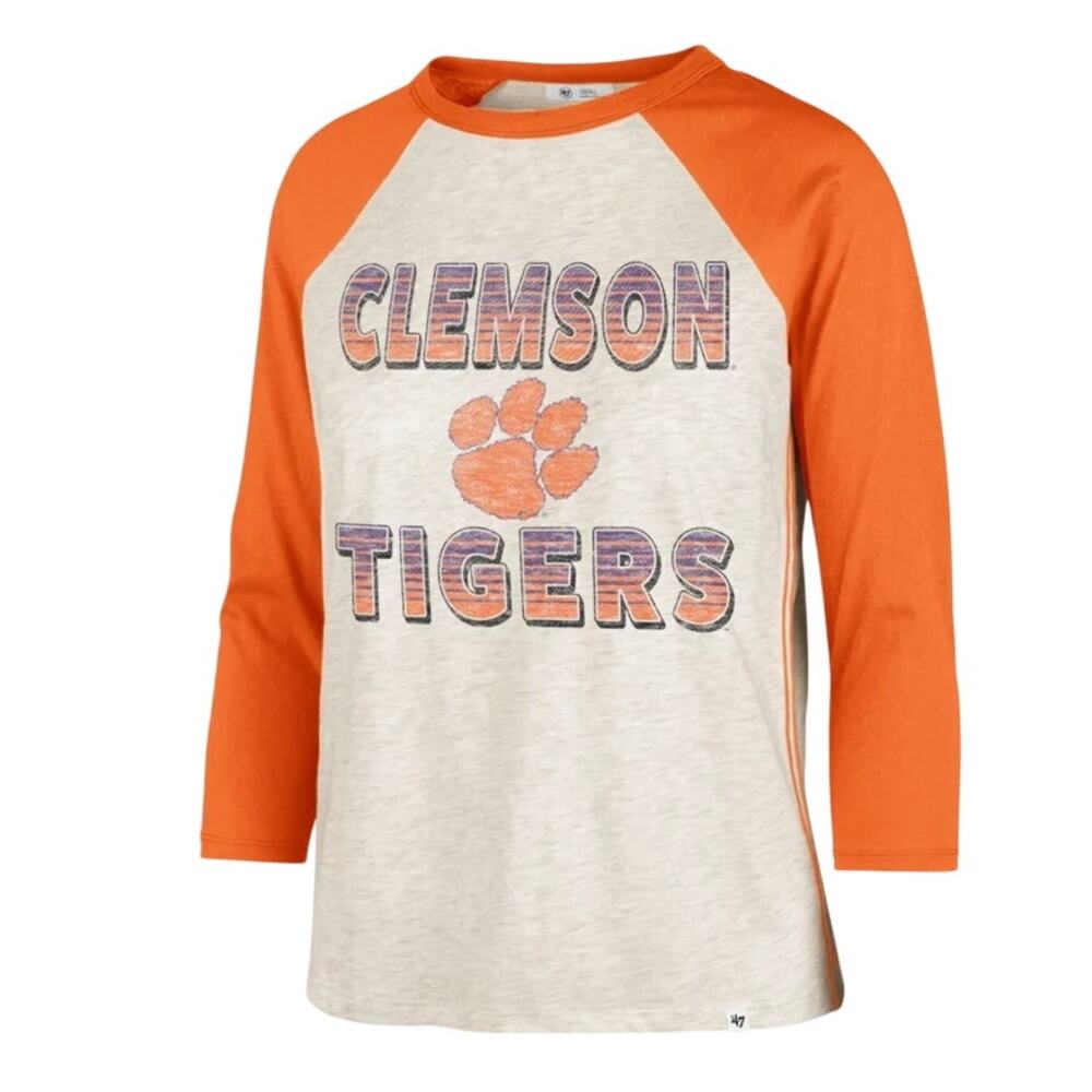 47 BRAND Womens Clemson Tigers Raglan Long Sleeve Tee Large Grey Orange NWT
